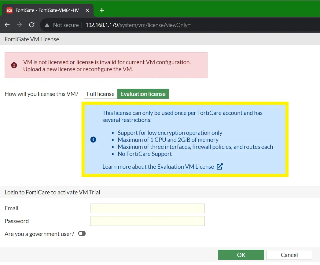 FortiCare Registration for VM trial